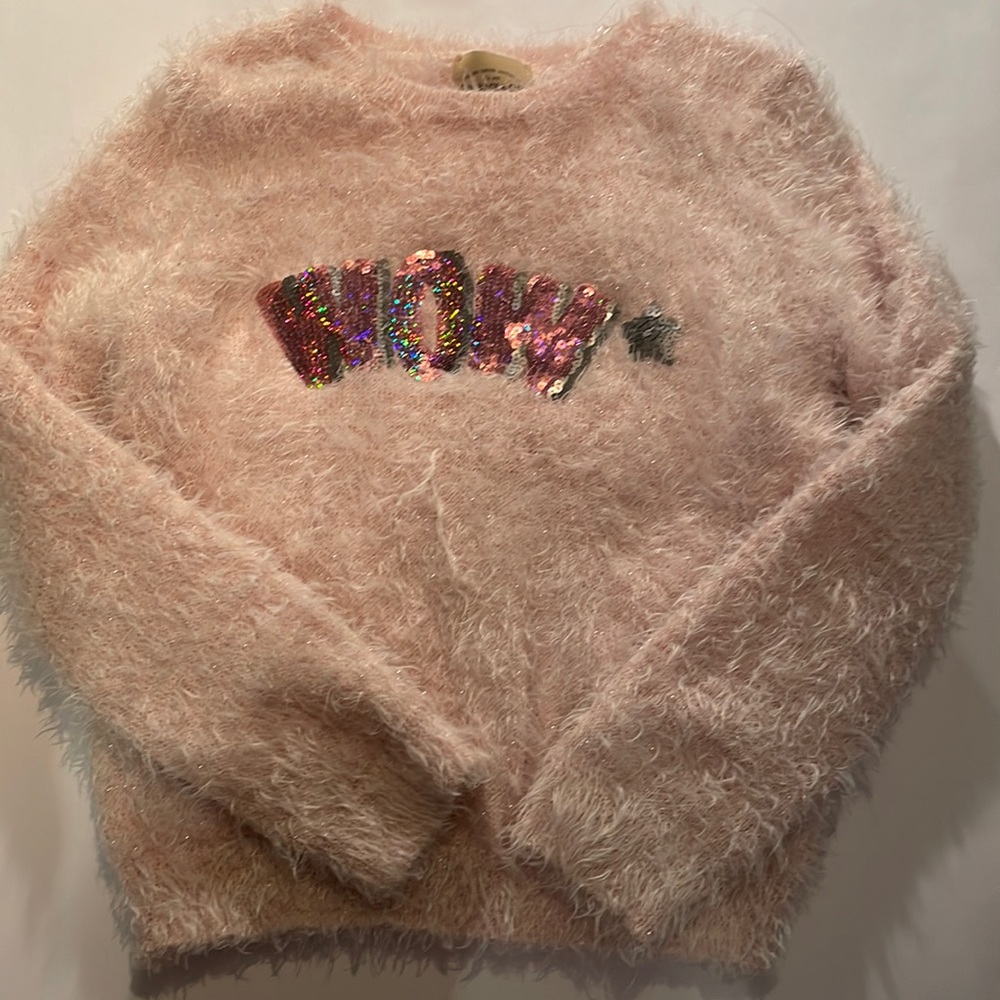 Roebuck & Co. girls sweater size medium pink with”wow” sequins